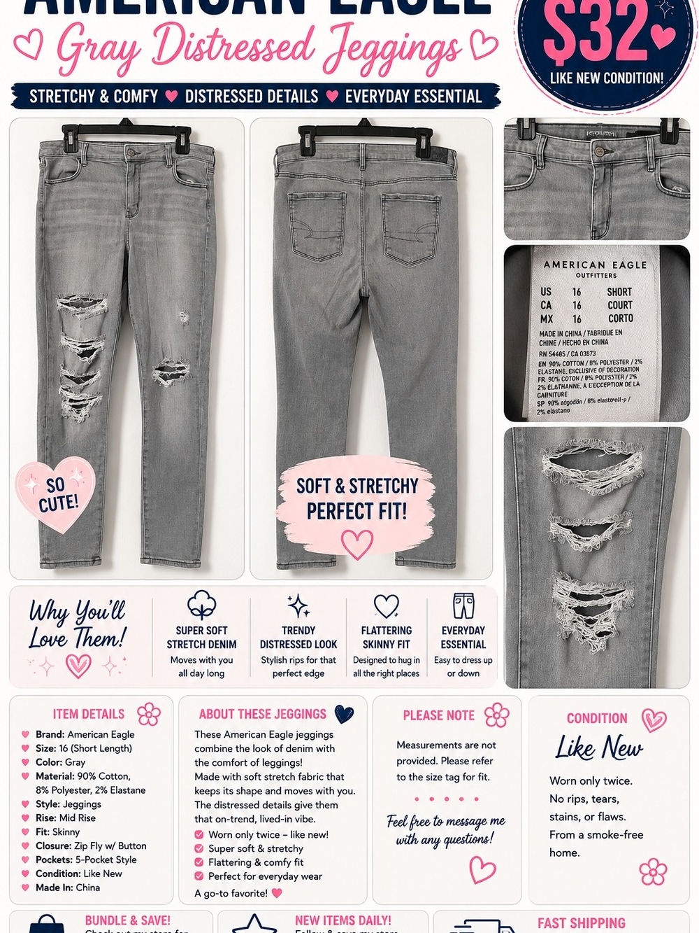 American Eagle Gray Distressed Jeggings Women's 16 Short Skinny Stretch Jeans